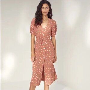 Wilfred Burnt Orange (Rust) Midi dress puff-sleeve with polka dot XXS (Aritzia)